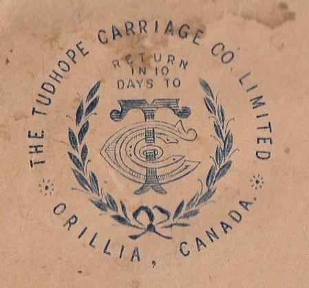 Return address label from Tudhope Carriage Co. business envelope - 1912